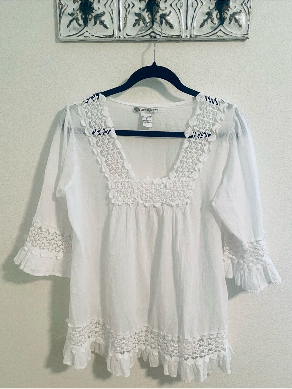 Cute Options Boho Fairy White Gauze Peasant Crochet-Trim Tunic Top 3/4 Sleeve L